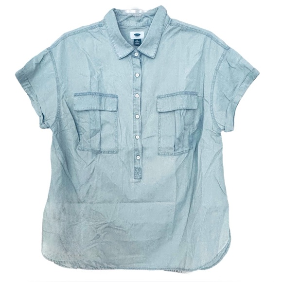 NWT Old Navy Sz 2X Light Wash 1/2 Button Cap Sleeve Chest Pockets Denim Tunic - Picture 1 of 5